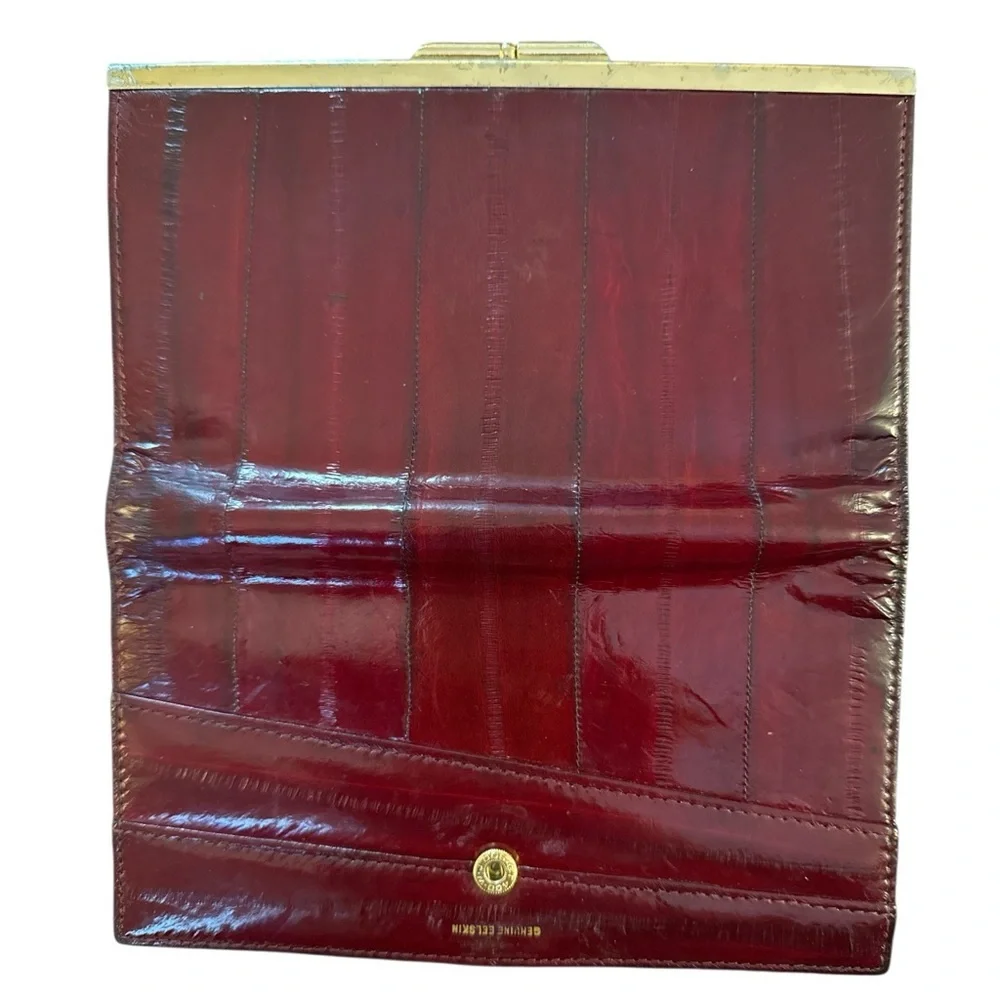 Vintage Genuine Eelskin Wallet Burgundy Red Tone Gold Frame Credit Card Wallet